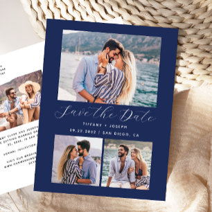 4 Foto Navy Blue Save the Date Postkarte