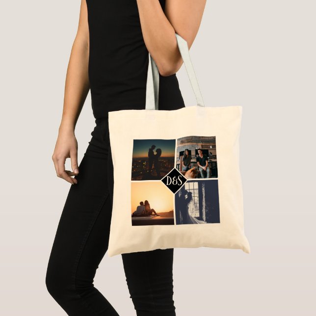 4 Foto Personalisiert Collage Mit Monogramm Tragetasche (Vorderseite (Produkt))