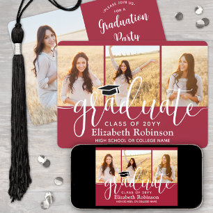 4 Foto Red & White Modern Script Graduation Party Einladung