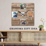 4 Foto Rustic Barn Wood Liebe You Nana Grandkids  Quadratische Wanduhr<br><div class="desc">Rustikales Holzbauernhaus Wall Clock - Wanduhren im Bauernhausstil für die perfekte Ergänzung,  um Ihrer Küche ein Landschaftsbild zu verleihen.Die Holzuhr ist personalisiert mit 4 Fotos und liebevolle Nachricht für Großmutter und Enkelkinder.</div>