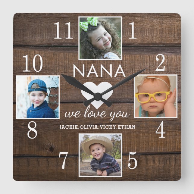 4 Foto Rustic Brown Wood Liebe You Nana Grandkids Quadratische Wanduhr (Vorderseite)