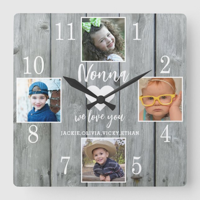 4 Foto Rustic Grau Wood Liebe Sie Nonna Grandkids Quadratische Wanduhr (Vorderseite)