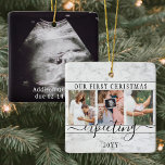 4 Foto Schwangerschaft Neue Eltern 1. Weihnachten  Keramikornament<br><div class="desc">Feiern Sie das wertvolle Geschenk Ihres neuesten Familienmitglieds mit einem stilvollen vierFoto Collage Platz Keramik Ornament. Ein geschlechtsneutrales Design mit Marmorrahmen aus Imitaten eignet sich für einen neuen kleinen Jungen oder ein neues Mädchen. Aufnahme und Bilder auf dieser Vorlage sind einfach zu personalisieren. (IMAGE PLACEMENT TIP: Eine einfache Möglichkeit, ein...</div>