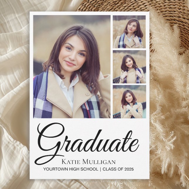 4 Foto Script bearbeitbarer Hintergrund Abschluss Ankündigung (4-photo graduation announcement card)