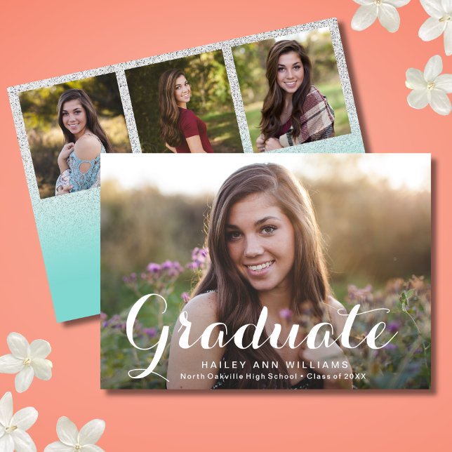4 Foto Trendy Aquamarin Blue Chic Graduation Party Einladung (Teal Blue Graduation Invitation)