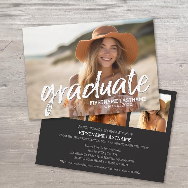 4 Foto Trendy Modern Graduation Party Einladung (Graduation Announcement with Party Invite and 3 Photos)