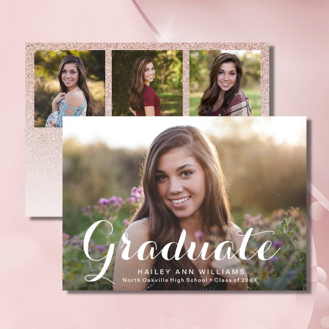 4 Foto Trendy Pink Chic Graduation Party Einladung (Rose Gold Graduation Invitation )