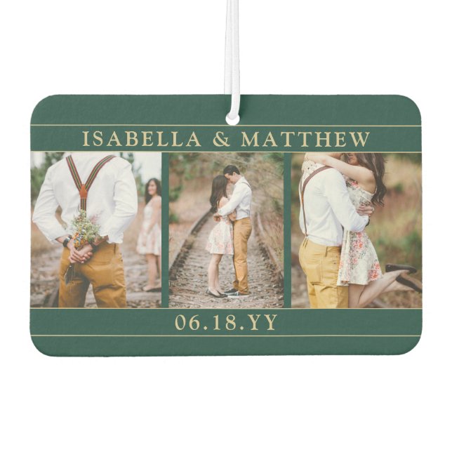 4 Foto Wedding Collage Elegantes Grün & Gold Herz Autolufterfrischer (Vorderseite)