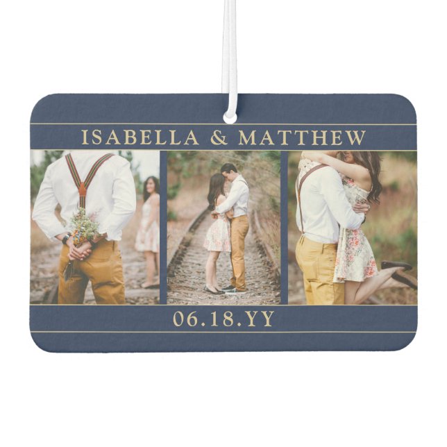 4 Foto Wedding Collage Navy Blue & Gold Heart Autolufterfrischer (Vorderseite)