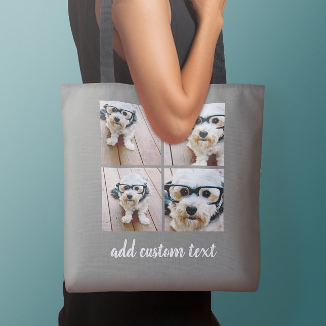 4 FotoCollage - BILDEN SIE IHRE HINTERGRUNDFARBE. (Personalized tote bag with photos collage and text)