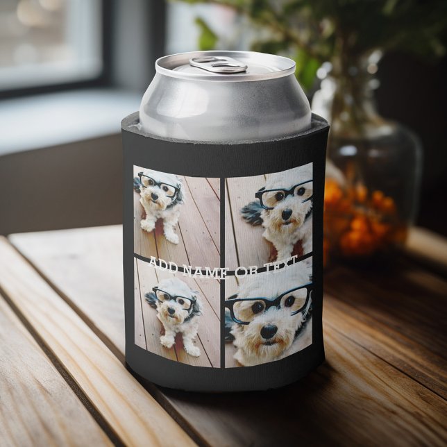 4 FotoCollage - BILDEN SIE IHRE HINTERGRUNDFARBE. Dosenkühler (Personalized can cooler with 4 photos and custom text)