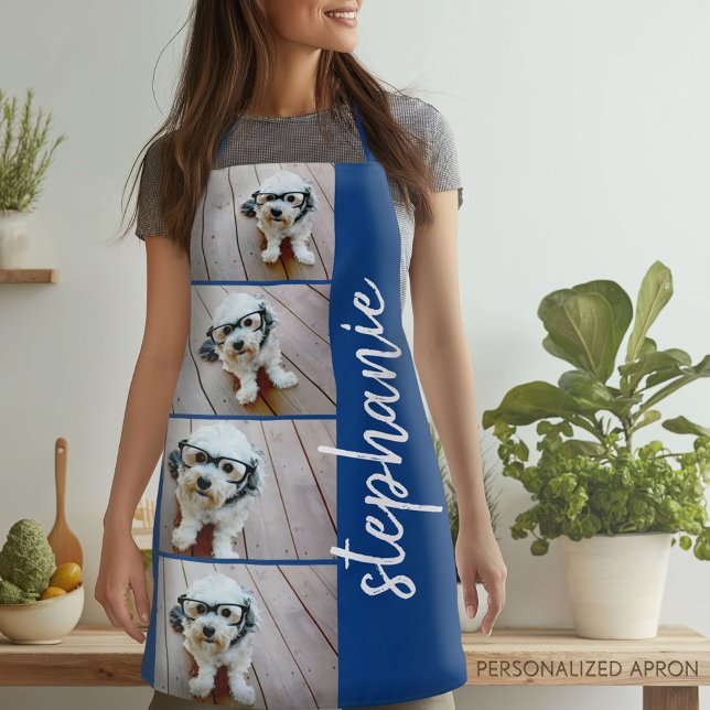 4 FotoCollage - blau mit weißem Skriptnamen Schürze (Personalized Apron)