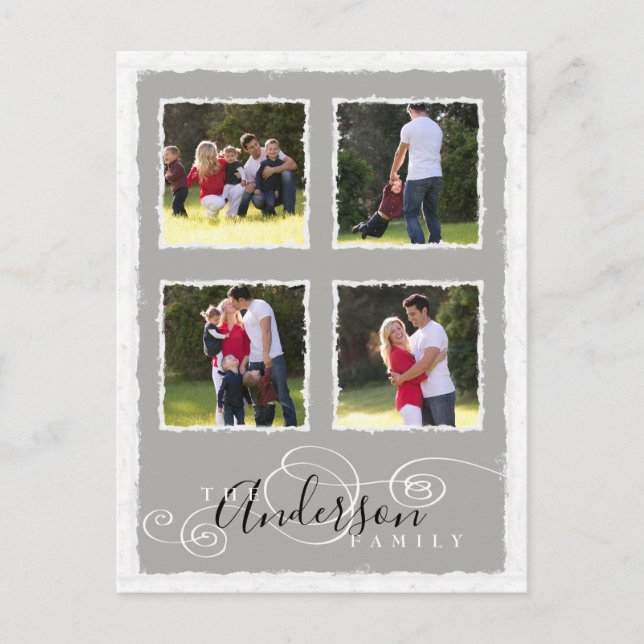 4 Fotocollage Familienname grau hinzufügen Postkarte (Vorderseite)