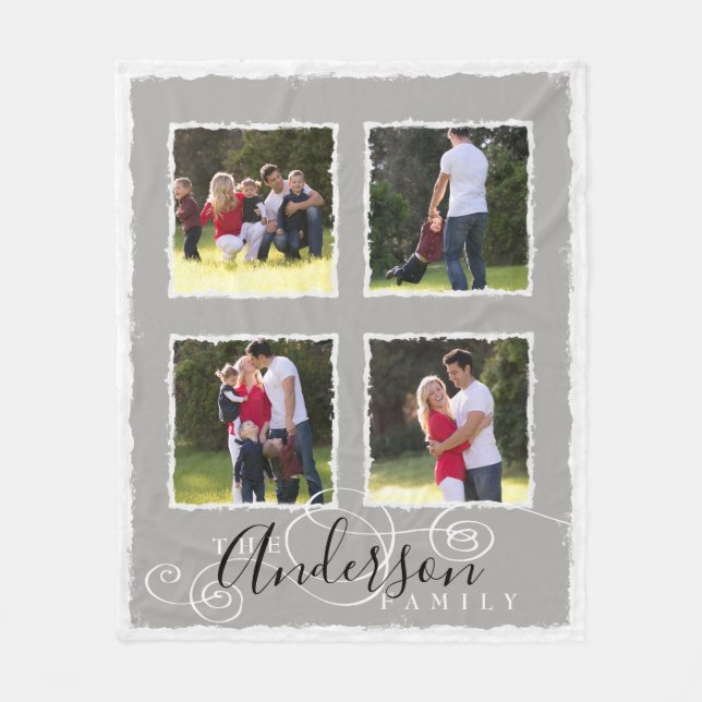 4 Fotocollage Familienname Graues Medium hinzufüge Fleecedecke (Vorderseite)