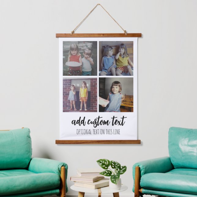 4 FotoCollage - Familientext unten - weiß Wandteppich Mit Holzrahmen (Wohnzimmer)