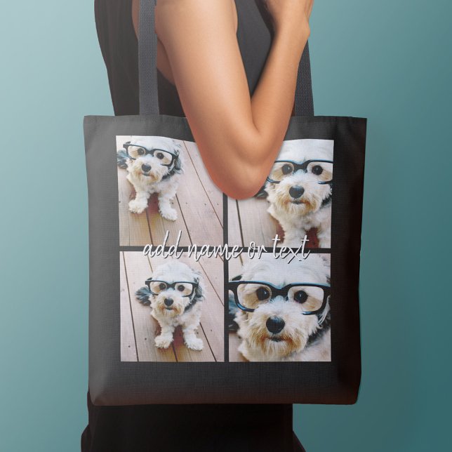 4 FotoCollage mit handgeschriebenem Namen - schwar Tragetaschen Mit Langen Trägern (Personalized tote bag with photos collage and text)