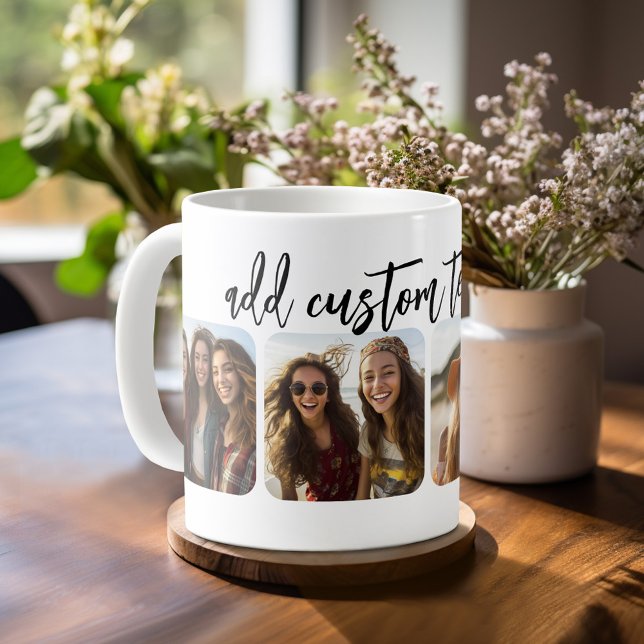 4 FotoCollage mit trendigem Bounce-Skript - weiß Kaffeetasse (Personalized mug with 4 photos)