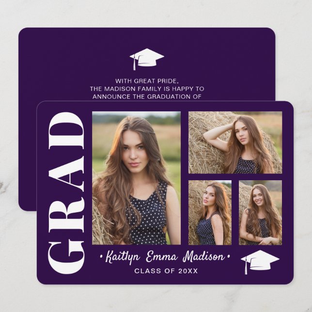 4 FotoCollage Modernes Drehbuch Lila Grad Ankündigung (Vorne/Hinten)