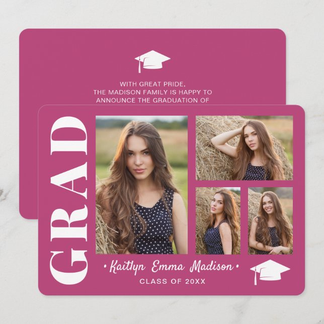 4 FotoCollage Modernes Drehbuch Rosa Grad Ankündigung (Vorne/Hinten)