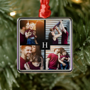 4-FotoCollage und Monogramm Silbernes Ornament