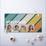 4 Fotomaterial Retro Strip - blau und gold Schreibtischunterlage<br><div class="desc">Diese lustige Foto-Montage beinhaltet einen Platz für 4 Bilder. Das Raster enthält eine quadratische Collage aus Foto mit viel Platz, um Ihre Lieblings-Party-Bilder hinzuzufügen. Das Retro-Streifen-Muster in gedämpften Sonnenuntergangsfarben verleiht dem Design ein wenig Lustigkeit. Quadratische Foto funktionieren am besten mit dieser Vorlage. Fügen Sie Ihre Lieblings-Bilder zu dieser lustigen Vorlage....</div>