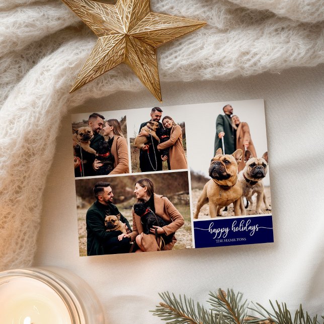 4 Fotos Collage Happy Holidays Modernes Navy Blue Postkarte (Von Creator hochgeladen)