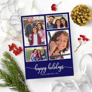 4 Fotos Collage Happy Holidays Modernes Navy Blue Postkarte