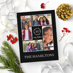 4 Fotos Collage Monogram Frohe Weihnachts Schwarz Postkarte