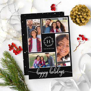4 Fotos Collage Monogram Happy Holidays Black Einladung