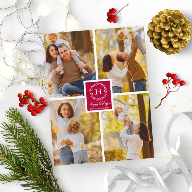 4 Fotos Collage Monogram Happy Holidays Weihnachte Postkarte (Von Creator hochgeladen)