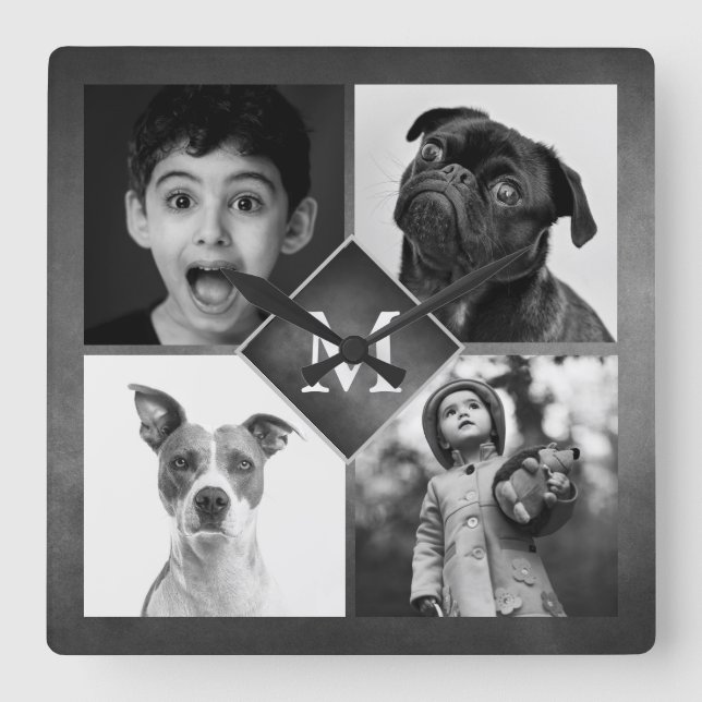 4 Fotos der Familie Collage Black Chalkboard Monog Quadratische Wanduhr (Vorderseite)