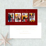 4 Fotos Gold Script Burgundy Frohe Weihnachten<br><div class="desc">4 Fotos Gold Script Burgundy Frohe Weihnachten. Verfügbar in digitaler Form und gedruckt. Modern und minimalistisch,  mit einem stilvollen Set-Skript für Frohe Weihnachten. Ersetzen Sie die Beispielbilder durch Ihre eigenen lustigen Bilder und personalisieren Sie die Erholung der Wörter auf jeder Seite nach Bedarf.</div>