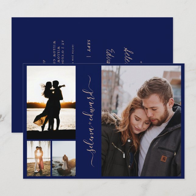 4 Fotos Grid Navy Blue und Gold Script Hochzeit Einladung (Vorne/Hinten)