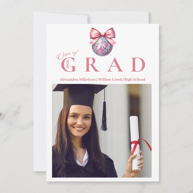 4 Fotos Pink Bow Disco Ball Graduation Party Einladung (Vorderseite)