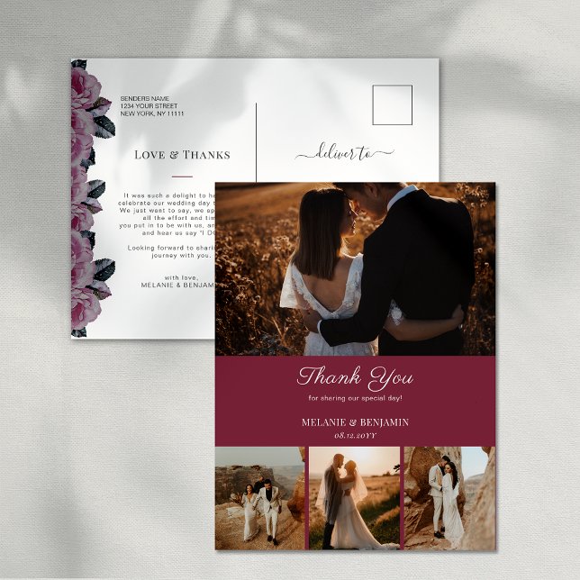 4 Fotos Rosa Romantische Flora Danke Postcard Postkarte (4 Photos Pink Romantic Floral Thank You Postcard)