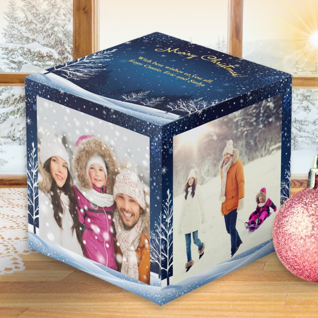 4 Fotos Schneeszene Blue Night Sky Frohe Weihnacht Würfel (A beautiful Christmas cube to personalize with four of your own photos and a custom message)