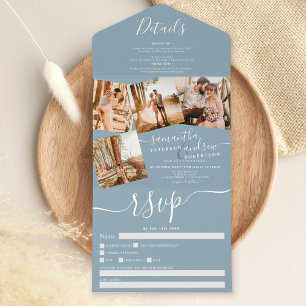4 Fotos staubblaue Hochzeit All In One Einladung