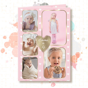 4. Geburtstag 5 Bilder Collage Gold Rosa Herzen Karte