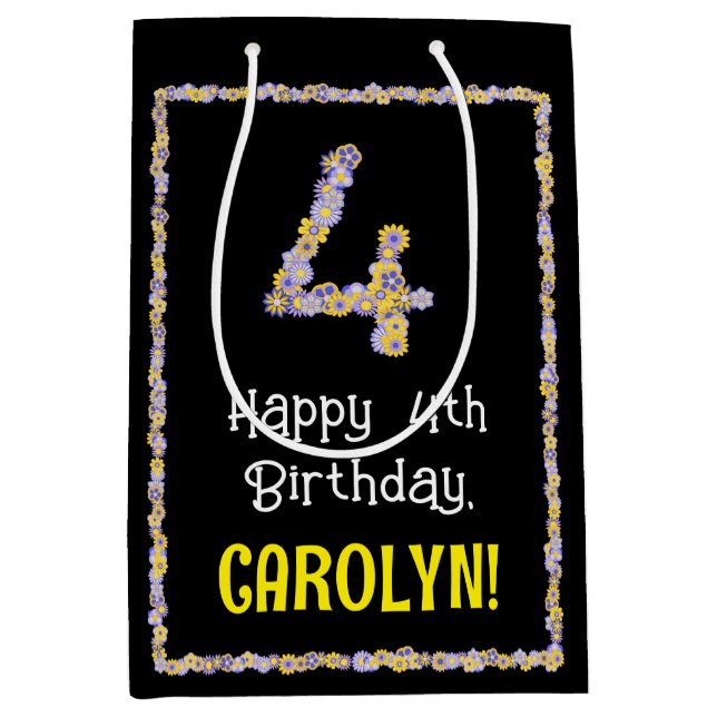 4. Geburtstag: Blumennummer, Individuelle Name, Bl Mittlere Geschenktüte (Vorderseite)