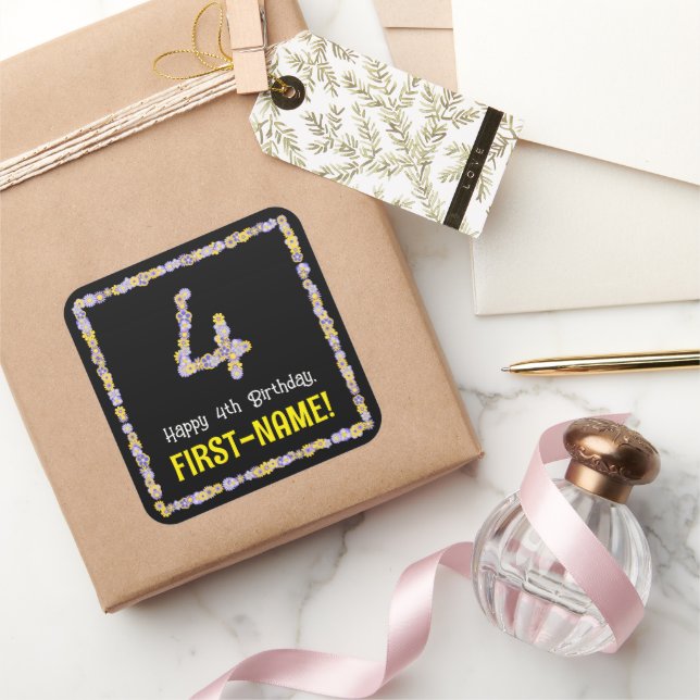 4. Geburtstag: Blumennummer, Individuelle Name, Bl Quadratischer Aufkleber (Schenken)