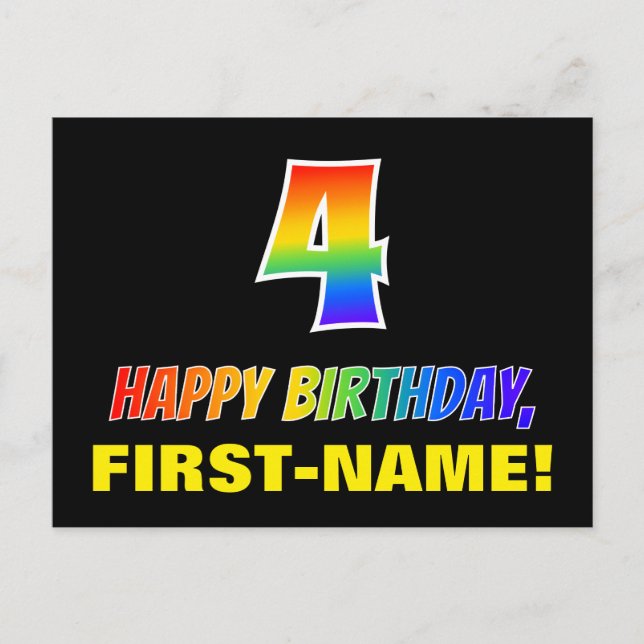4. Geburtstag: Bold, Fun, Simple, Rainbow 4 Postkarte (Vorderseite)