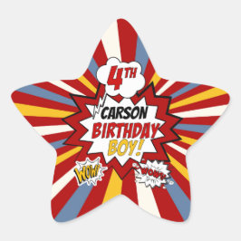 4. Geburtstag Boy Superhero Comic mit Name Stern-Aufkleber