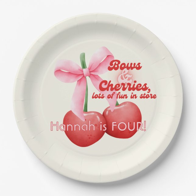4. Geburtstag Coquette Cherries Bubble Letters Pappteller (Vorderseite)