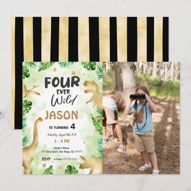 4. Geburtstag, Dinosaur Geburtstags-Foto Einladung (Vorne/Hinten)