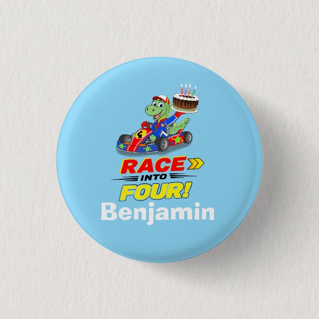  4. Geburtstag Dinosaurier-Rennwagen Los geht's  Button (Vorderseite)