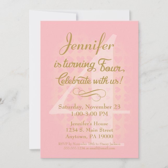 4. Geburtstag Einladung Girls Pink Goldene Herzen (Vorderseite)