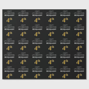 4. Geburtstag: Elegant, schwarz, Imitate Gold Look Geschenkpapier