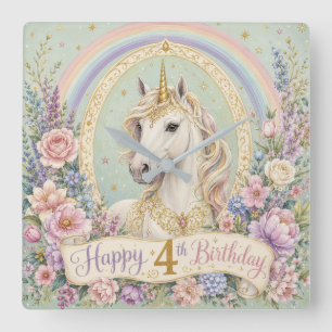 4. Geburtstag Elegantes Einhorn Regenbogen Quadratische Wanduhr