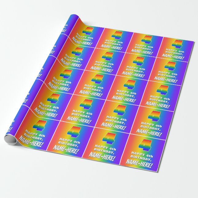 4. Geburtstag: Farbenfroh, Fun Rainbow Pattern # 4 Geschenkpapier (Ungerollt)