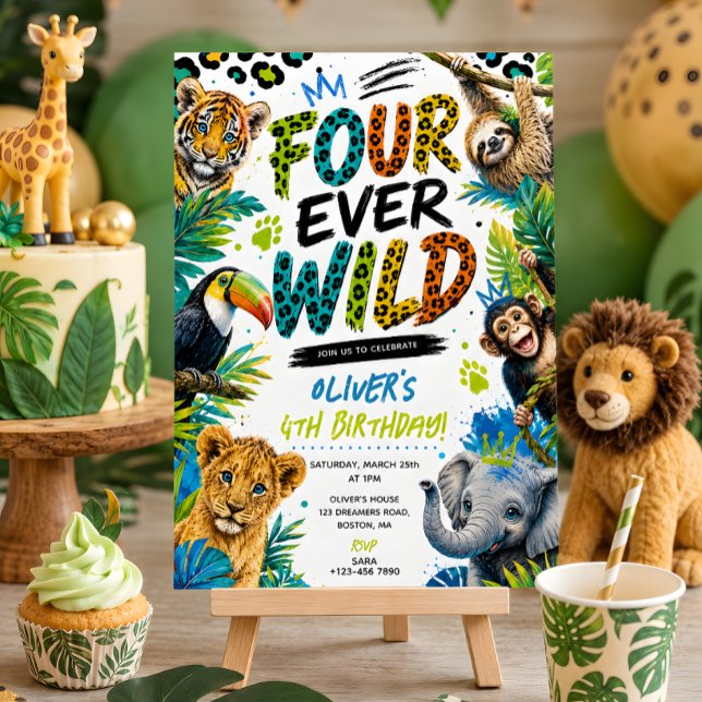 4. Geburtstag Four Ever Wild Animals Party Einladung (Von Creator hochgeladen)